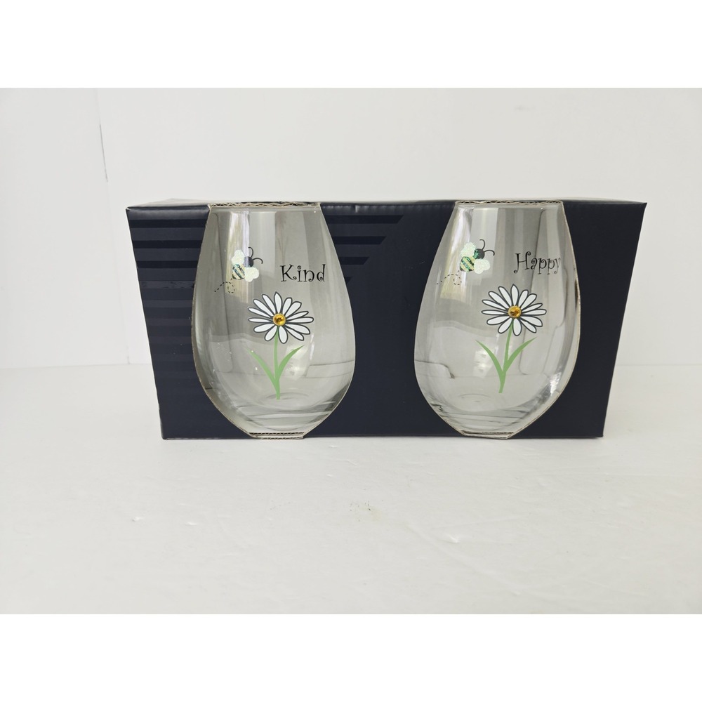 Rachel Roy Set of 2 glitter Bee 20 Oz Stemless Wine Glasses Glass Kind‎ Happy